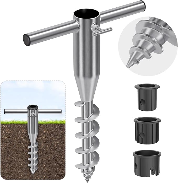 Dolibest Heavy Duty Beach Umbrella Sand Anchor, Screw-in Ground Anchor with 3 Sleeves (Fits 1-2" Poles), Windproof Beach Umbrella Stake, 2.2'' Fully Welded Spiral Design for Ultimate Stability