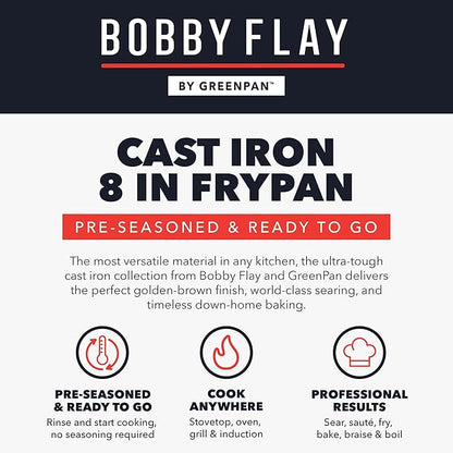 GreenPan x Bobby Flay 8” Cast Iron Pre-Seasoned Skillet with Helper Handle, Professional Grade Heavy Duty, Induction Suitable, Versatile Stovetop, Oven, BBQ, Fire & Grill, Indoor & Outdoor Use, Black