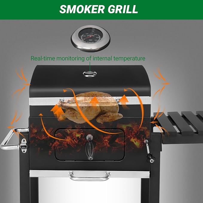 Charcoal Grill, BBQ Smoker with Handle and Side Table, Perfect for Outdoor Patio, Garden and Backyard Grilling, Black