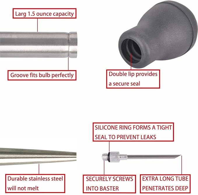 Deluxe 304 Stainless Steel Turkey Baster Syringe Injector Needle with Cleaning Brush & Heavy Duty 12 Inch Stainless Steel Handle Silicone BBQ Basting Brush