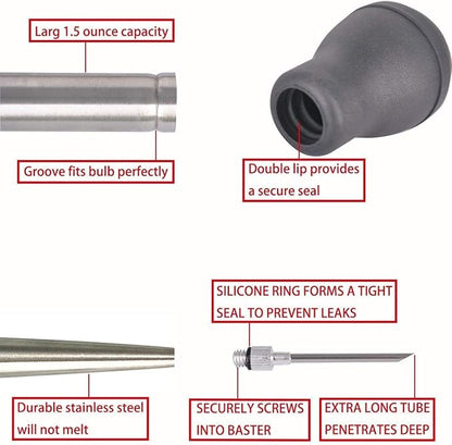 Deluxe 304 Stainless Steel Turkey Baster Syringe Injector Needle with Cleaning Brush & Heavy Duty 12 Inch Stainless Steel Handle Silicone BBQ Basting Brush