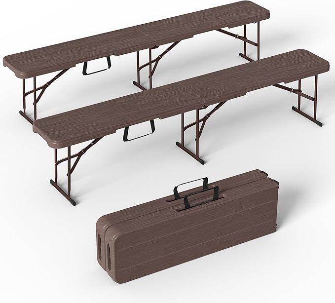 VSOAEIL 6 Foot Folding Bench 2 Pack, Foldable Plastic Bench Indoor Outdoor | 6 Feet Portable Bench Seating with Handle and HDPE Tabletop - Party, Dining, Picnic, Camping, Sports, Temporary Events, Brown