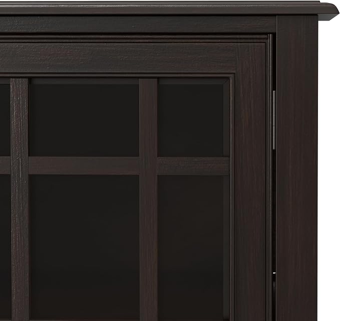 SIMPLIHOME Connaught 60" Solid Wood Buffet in Chestnut Brown | Traditional sideboard buffet with glass doors and adjustable shelves for organized dining or living room storage.