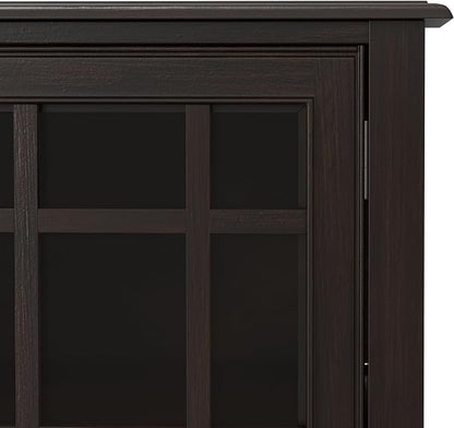 SIMPLIHOME Connaught 60" Solid Wood Buffet in Chestnut Brown | Traditional sideboard buffet with glass doors and adjustable shelves for organized dining or living room storage.