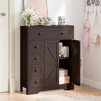 Vabches Farmhouse Storage Cabinet with 2 Doors and 5 Drawers, Freestanding Bathroom Cabinets Kitchen Pantry, Floor Storage Cabinet Hutch Cupboard for Living Room/Bathroom/Kitchen.（Espresso