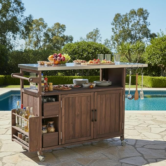 Christopher Knight Home Edsel Outdoor Bar Cart with Stainless Steel Top and Lockable Wheels, Solid Wood Outdoor Storage Cabinet, Kitchen Island Serving Cart for Poolside, Garden, Brown+Silver