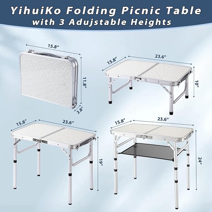 YihuiKo Folding Picnic Table, Small Camping Table with Adjustable Heights | Storage Net, Extension Leg, Lightweight Portable Folding Table, For Beach Home, Carrying Handle, Aluminum Alloy Frame