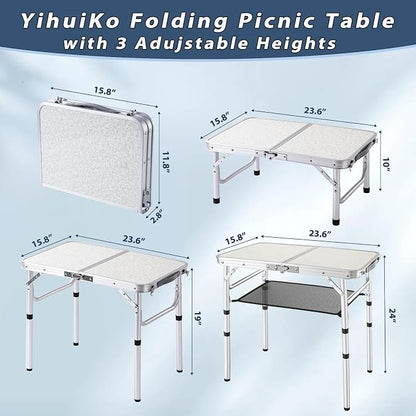 YihuiKo Folding Picnic Table, Small Camping Table with Adjustable Heights | Storage Net, Extension Leg, Lightweight Portable Folding Table, For Beach Home, Carrying Handle, Aluminum Alloy Frame