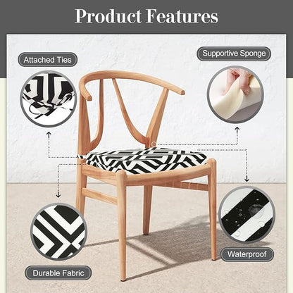 Cozyide Outdoor Chair Cushions, Waterproof Patio Seat Cushions with Adjustable Straps, Square Corner Patio Chair Cushions for Garden, Black Geometry, 18.5x16x3 Inch (Pack of 4)