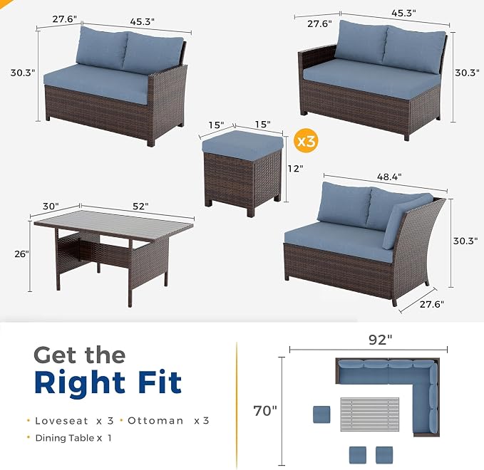 Wisteria Lane 7 Piece Patio Furniture Set, Patio Sectional for All Weather | High Curved Back Outdoor Furniture Dining Set, Wicker Patio Sofa, Patio Conversation Sets with Ottoman for Deck, Porch, Blue