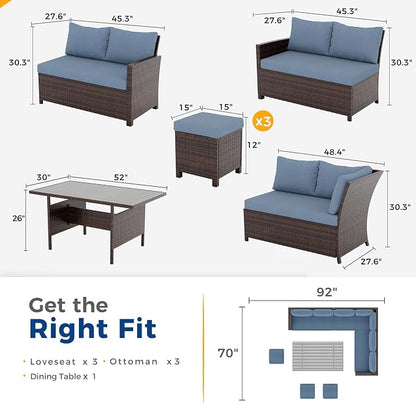 Wisteria Lane 7 Piece Patio Furniture Set, Patio Sectional for All Weather | High Curved Back Outdoor Furniture Dining Set, Wicker Patio Sofa, Patio Conversation Sets with Ottoman for Deck, Porch, Blue