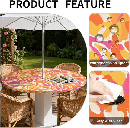 Outdoor Tablecloth with Umbrella Hole and Zipper Fits 61-65" Tables | Waterproof Round Fitted Tablecloth with Elastic Edge, Wipeable Outdoor Table Cover for Patio, Garden, Picnic