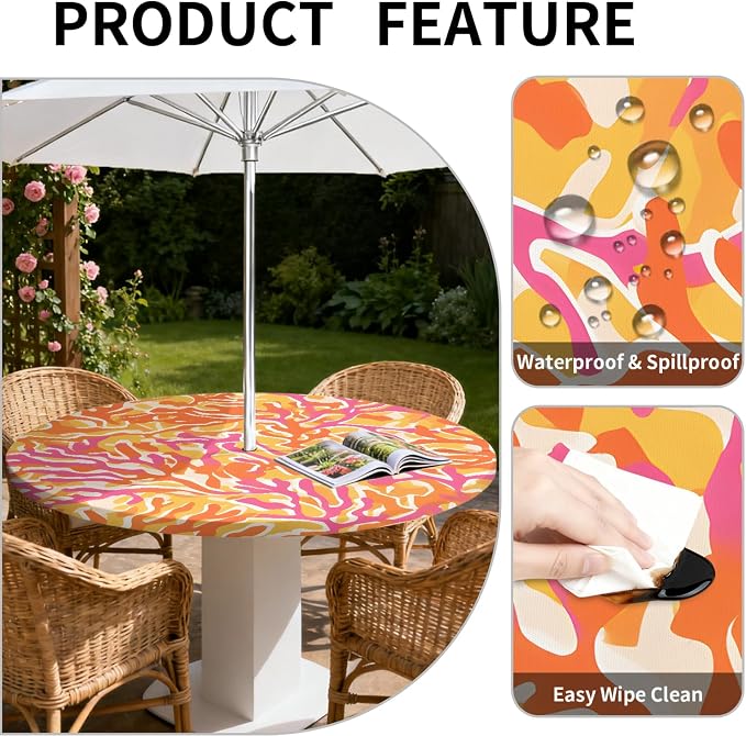 Outdoor Tablecloth with Umbrella Hole and Zipper Fits 32-36" Tables | Waterproof Round Fitted Tablecloth with Elastic Edge, Wipeable Outdoor Table Cover for Patio, Garden, Picnic