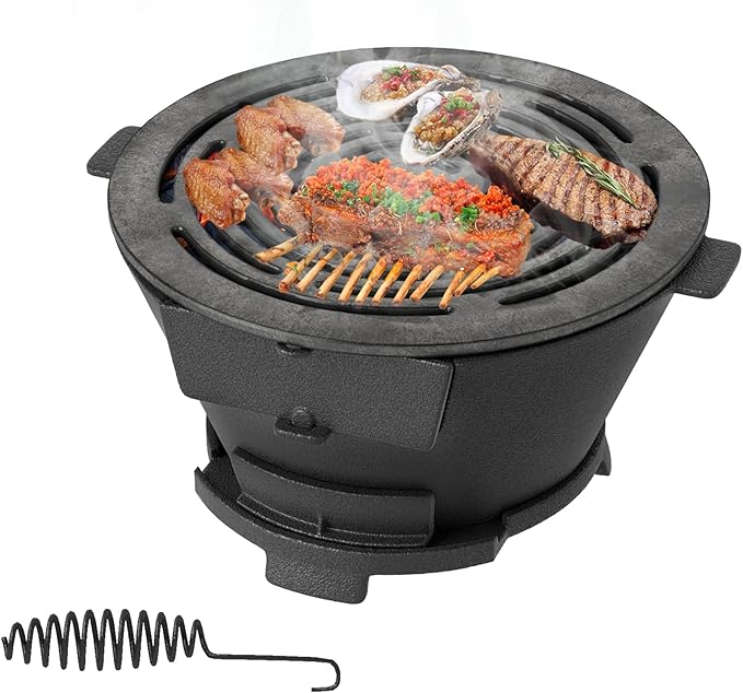 Hibachi Grill, Portable Cast Iron Charcoal Grill with Air Regulating Door & Fire Gate, Grate Lifter, Small Tabletop Japanese Yakitori Grill for Outdoor Camping, Picnic, Party (Round)