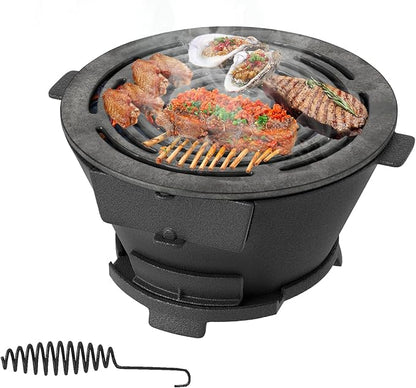 Hibachi Grill, Portable Cast Iron Charcoal Grill with Air Regulating Door & Fire Gate, Grate Lifter, Small Tabletop Japanese Yakitori Grill for Outdoor Camping, Picnic, Party (Round)