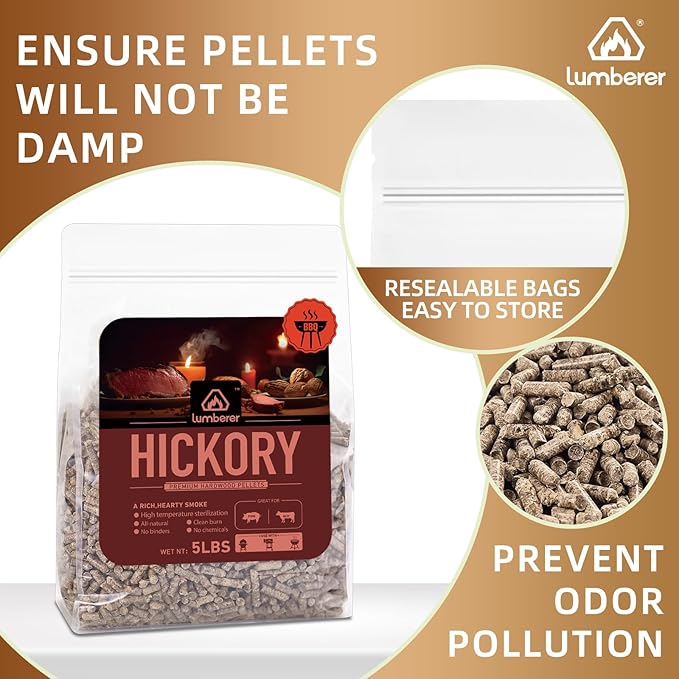 Lumberer Hickory Wood Pellets – Bold Smoky Flavor for Beef & Pork – 5LBS High-Heat BBQ Pellets, Clean Burn & Chemical-Free
