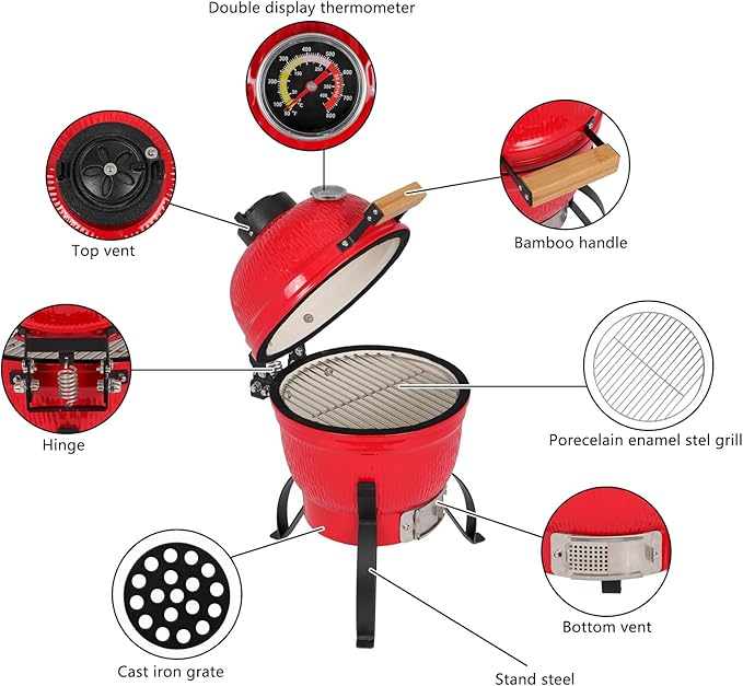 ROVSUN Kamado Charcoal Grill and Smoker with Cast Iron Grate, Portable, Best Small BBQ Grill for Indoor/Outdoor Use, 13’’ Mini Max, Red
