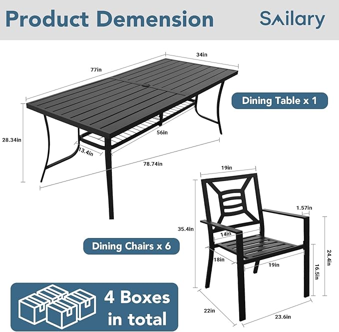 7 Pieces Patio Dining Set for 6, Large 77" Outdoor Metal Table with Universa Umbrella Hole & Stackable Iron Chairs, Patio Furniture Set for Deck, Backyard, Yard, Porch