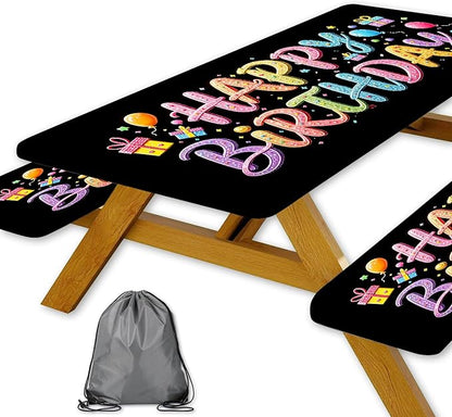 Happy Birthday Picnic Table Cover with Bench Covers, Colorful Candy Sprinkle Design Waterproof Camping Tablecloth, Elastic Fitted Rectangle Table Set with Drawstring Bag, 3PCS, 30x60 Inch