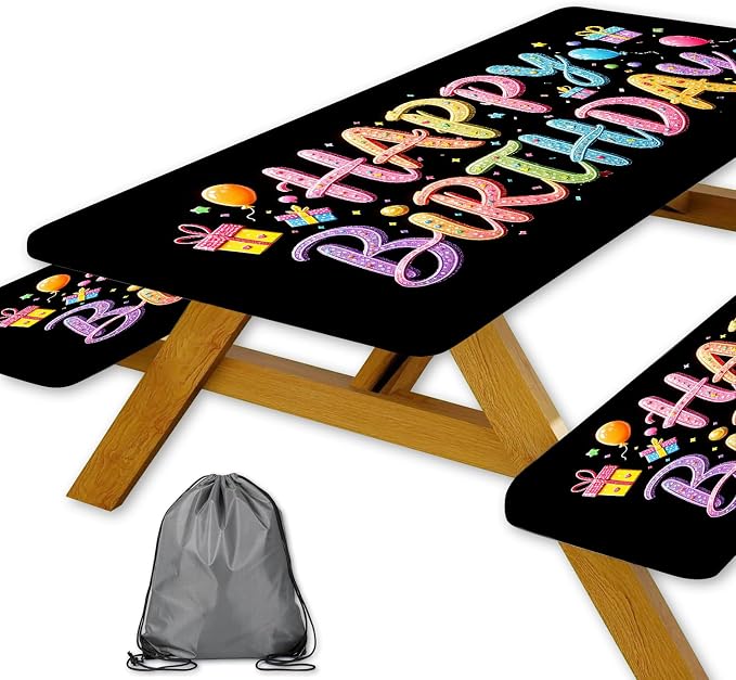 Happy Birthday Picnic Table Cover with Bench Covers, Colorful Candy Sprinkle Design Waterproof Camping Tablecloth, Elastic Fitted Rectangle Table Set with Drawstring Bag, 3PCS, 30x96 Inch