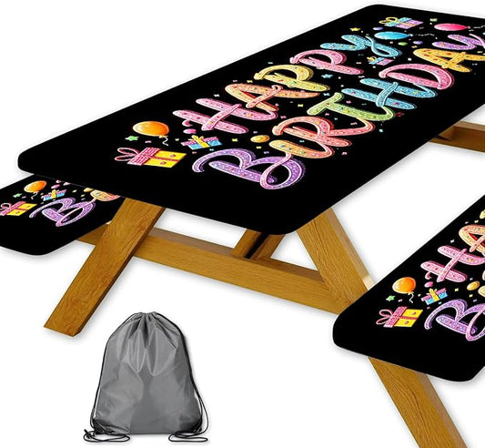 Happy Birthday Picnic Table Cover with Bench Covers, Colorful Candy Sprinkle Design Waterproof Camping Tablecloth, Elastic Fitted Rectangle Table Set with Drawstring Bag, 3PCS, 30x96 Inch