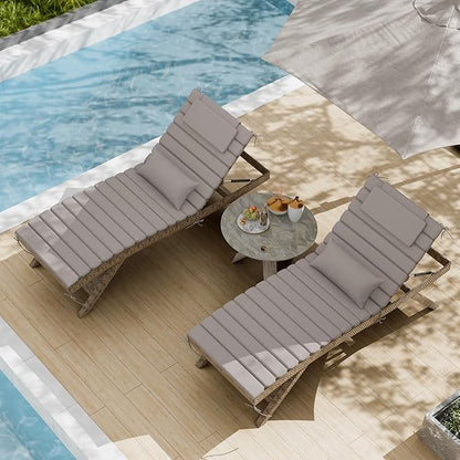 2 Sets of Outdoor Water-Resistant Olefin Chaise Lounge Cushions with Headrest and Pillow, Weather and Fade Resistant Foldable Quilted Lounge Chair Pads with Straps, Light Gray, 73" L x 22" W