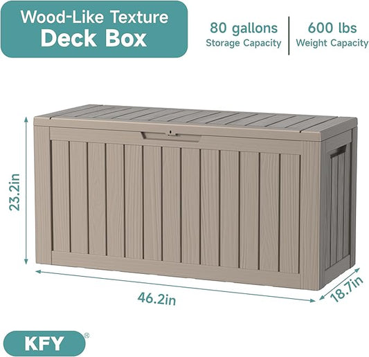 80 Gallon Waterproof Resin Deck Box, UV Resistant Outdoor Storage for Garden, Patio, Porch, Delivery, Grey