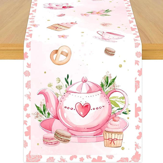 Floral Tea Party Theme Table Runner, Floral Garden Linen Fabric Table Runner for Everyday Use 72 x 13 Inches, Washable Table Cover for Indoor Outdoor Kitchen Dining Table Decor