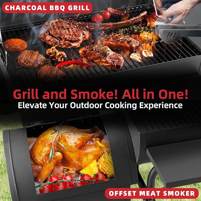 Kendane Barrel Charcoal Grill with offset smoker, 714 Square Inches Cooking Area, Outdoor BBQ Grill with Front and Side Shelf, Perfect for Backyard, Patio Parties and Picnics