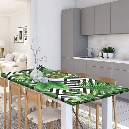 Palm Leaves Picnic Fitted Tablecloths and Bench Covers, Tropical Jungle Plant Leaf Print Elastic Edge Table Cover, 72x28 Inch, 3 Pcs Set Rectangle Tablecloths for Indoor Outdoor Dinner Party Patio Use