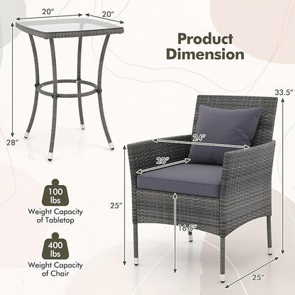 Tangkula 3-Piece Patio Furniture Set, PE Wicker Conversation Bistro Set w/A Tempered Glass Table & 2 Cushioned Chairs, Outdoor Table & Chairs Set for Patio Porch Yard Garden (Mix Gray+Grey)