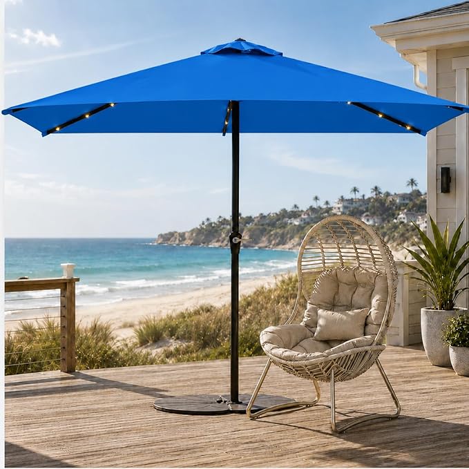 6.5 x 10ft Rectangular Patio Umbrella with Solar Lights, 16 LED Lighted Market Umbrella with Push-Button Tilt and Crank, 6 Sturdy Iron Ribs for Garden, Deck, Pool, Royal Blue