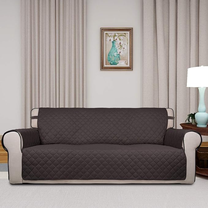 PureFit Reversible Quilted Sofa Cover Dog Couch Covers for Sofa, 66 in | Chocolate/Chocolate, Water Resistant, Washable, Non Slip and Elastic Straps, For Kids, Dogs, Pets