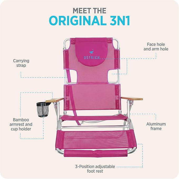 Ostrich the Original 3N1 Lightweight Beach Reclining Lounge Chair with Footrest, Outdoor Furniture for Patio, Balcony, Backyard, or Porch, Pink