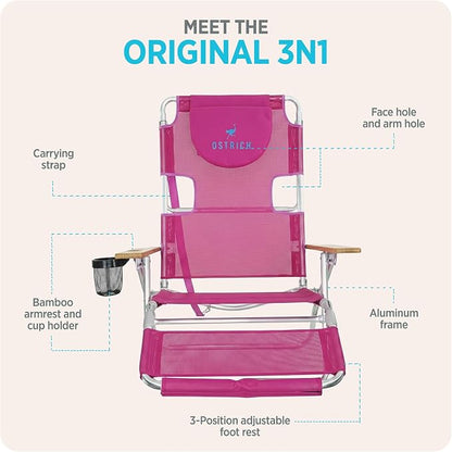 Ostrich the Original 3N1 Lightweight Beach Reclining Lounge Chair with Footrest, Outdoor Furniture for Patio, Balcony, Backyard, or Porch, Pink
