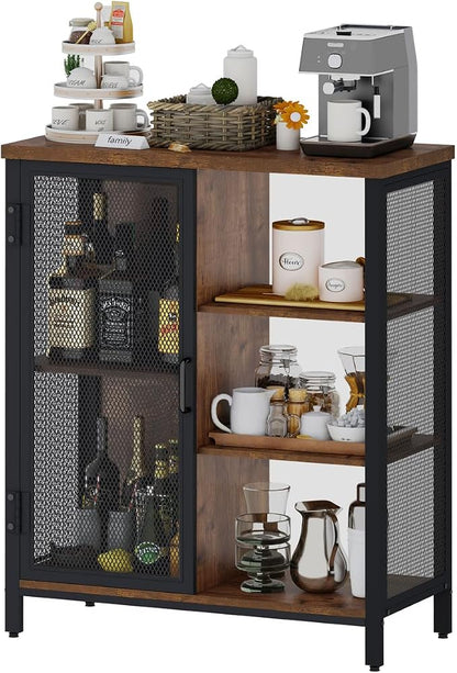 Coffee Bar Cabinet for Home Liquor, Small Storage Cabinet for Kitchen and Entryway, Farmhouse Industrial Buffet Sideboard Credenza with Adjustable Shelves (Rustic Oak)