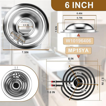 W10196405 W10196406 Electric Stove Burner Drip Pans & MP21YA MP15YA Electric Range Burner Element Unit Set fit for Whirlpool Kenmore Amana Range Oven/Stove by Cenipar