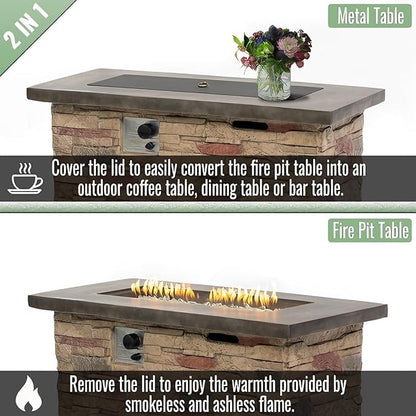 42" Propane Gas Fire Pit Table, 50,000 BTU Outdoor Patio Fire Pit, Concrete Fire Pit with Realistic Stone Base, Stainless Steel Burner, Glass Rocks & Tank Storage for Deck Backyard Garden