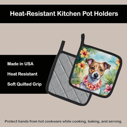 Caroline's Treasures Jack Russell Terrier Luau Pair of Pot Holders Kitchen Heat Resistant Pot Holders Sets Oven Hot Pads for Cooking Baking BBQ, 7 1/2 x 7 1/2