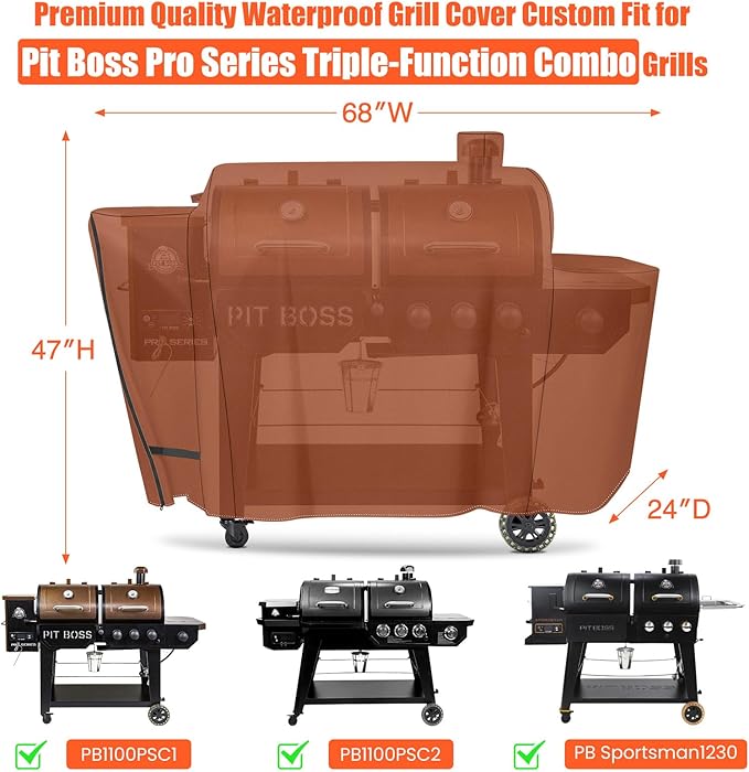 Grill Cover for Pit Boss Pro Series Triple-Function Combo Grill PB1100PSC1 PB1100PSC2 Sportsman PB1230 Wood Pellet/Gas Combo 1230 PB1230SP PB1230G, PB 67364-600D Fade Resistant Grill Cover, Brown