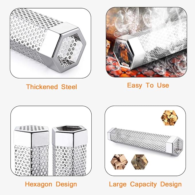 Pellet Smoker Tube for Grilling, 12 inches Premium Stainless Steel BBQ Wood Pellet Tube Smoker for Gas Charcoal Electric Grill or Smokers, Hexagonal with 2 S Shape Hooks and 1 Cleaning Brush