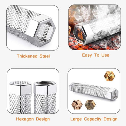 Pellet Smoker Tube for Grilling, 12 inches Premium Stainless Steel BBQ Wood Pellet Tube Smoker for Gas Charcoal Electric Grill or Smokers, Hexagonal with 2 S Shape Hooks and 1 Cleaning Brush