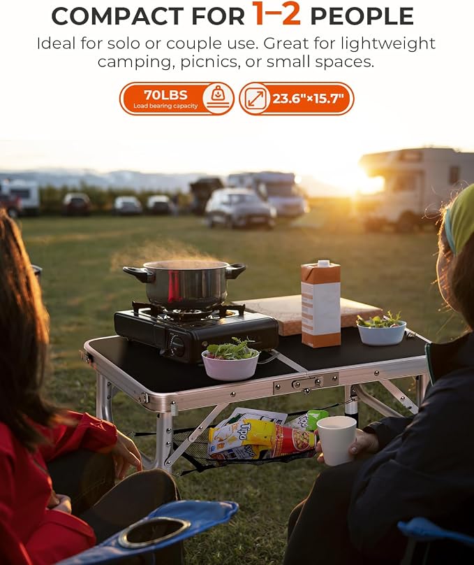 Sportneer Camping Table: Adjustable Height Small Folding Table 23.6" L x 15.7" W 4 Height with Mesh Layer - Compact & Portable Camping Essentials for Outdoor Camp Garden Picnic BBQ Dining Cooking