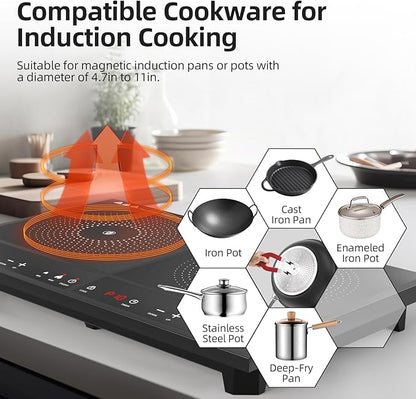 Double Induction Cooktop,Portable Induction Cooker with 2 Burner Independent Control,Ultrathin Body,10 Temperature,1800W-Multiple Power Levels,3 Hour Timer,Safety Lock