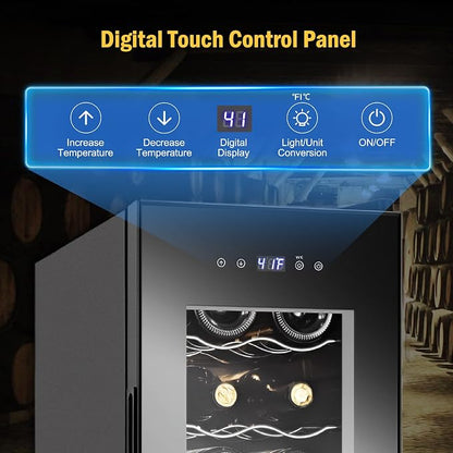 FoMup Wine Fridge 12 Bottles, Small Wine Cooler Refrigerator Freestanding with Digital Temperature Control Safety Lock, Frost Free for Red White Wine, Champagne