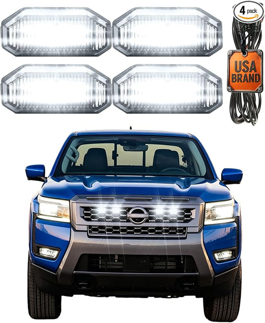 Front Grill Lights for Nissan Frontier 2025-2027 S/SL/SV/Sport Only, White | Direct-Snap Installation; OEM-Style Fit; IP68 Waterproof LED; No-Drill Setup; Raptor-Style Front-End Upgrade; Off-Road Ready