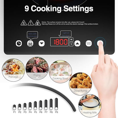 GIHETKUT Electric Cooktop Single Burner, 1800W Electric Stove Top with Touch Control, 9 Power Levels, Kids Safety Lock & Timer, Overheat Protection,110V Induction Cooktop
