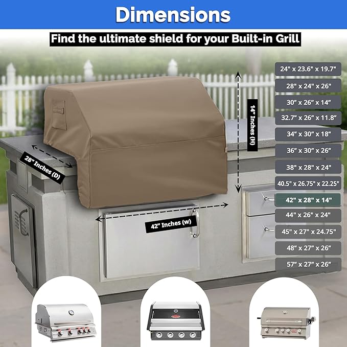 Covers & All Built-in Grill Cover for Outdoor Grill – Heavy Duty 12 oz Waterproof Built-in BBQ Grill Cover, PVC-Coated Polyester with Elastic Hem for Snug Fit (42 x 28 x 14 inches, Beige)