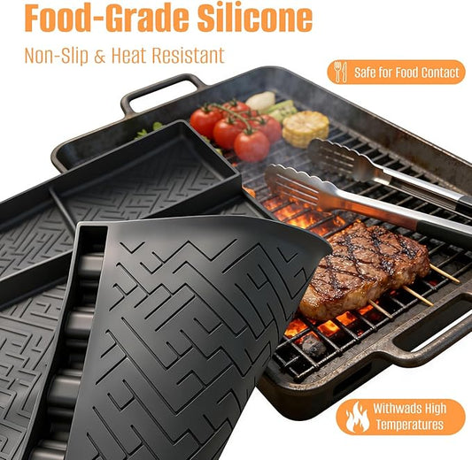 2 Pack Silicone Grill Mat for Blackstone,Silicone Griddle Tools Mat with Drip Pad,Heat Resistant Spatula Mat for Outdoor Kitchen Grill,Side Mat for Blackstone Griddle Accessories(Black,2PCS)