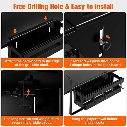 Griddle Caddy for Blackstone 17"/28"/36" Griddles/Prep Cart, Grill Caddy Blackstone Griddle Accessories Storage Organize with Paper Towel Holder & 4 Hooks for Outdoor BBQ Grill Accessories